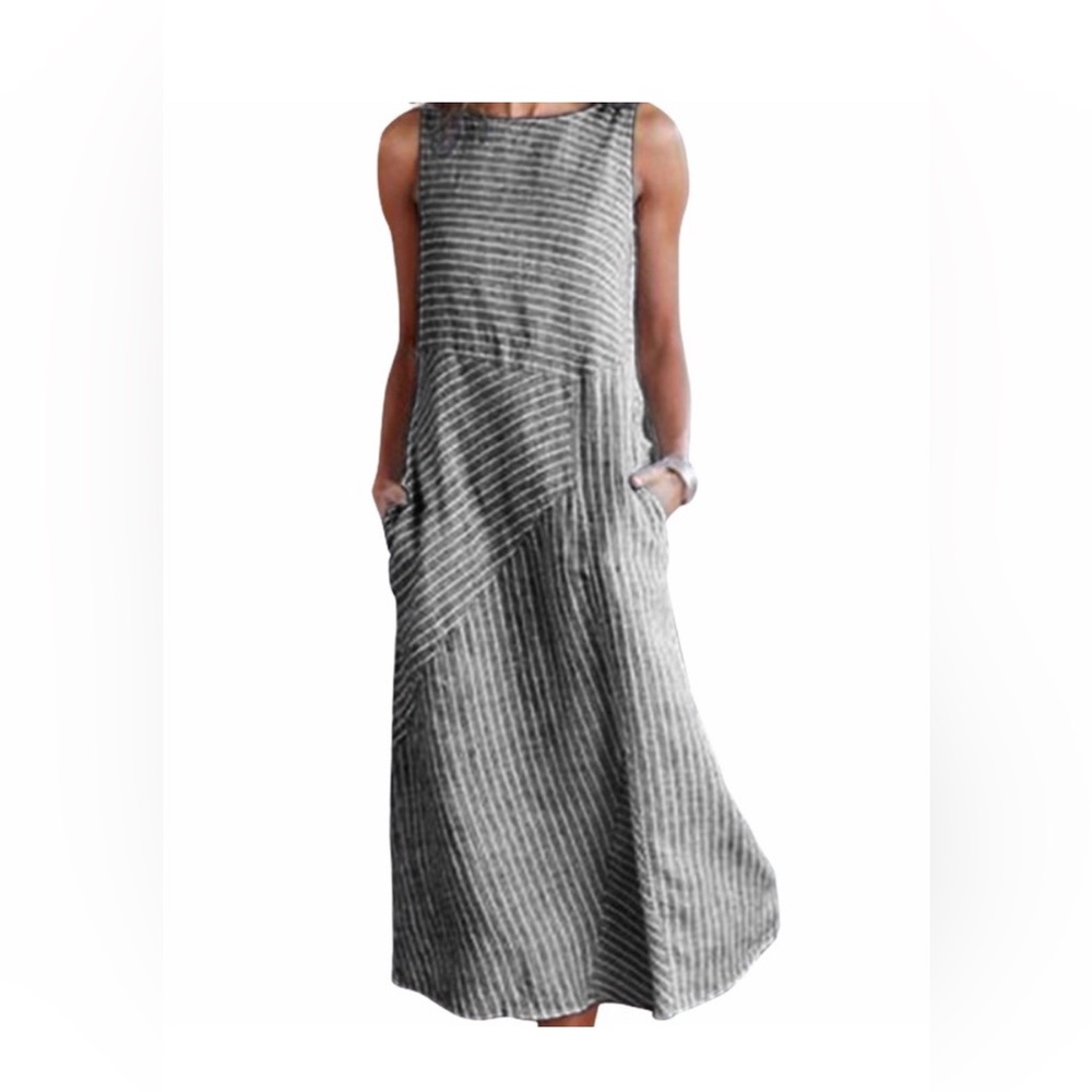 J. Jill 100% Linen Asymmetric Grey White striped Maxi Dress pockets PM EUC - Picture 12 of 16